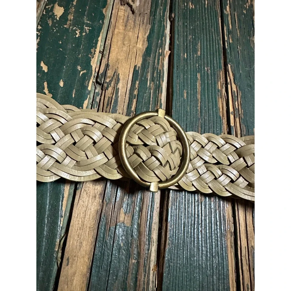Talbots Womens Olive Green Braided Leather Belt Size‎ M Brass Buckle Wide Woven